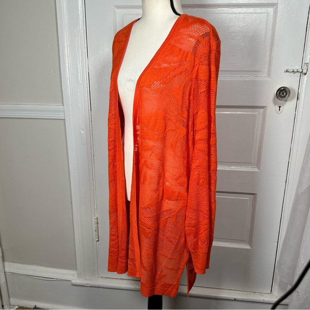 Chico's Orange Pointelle Palms Cardigan Sweater Open Knit Boho Casual XL NWOT - Picture 8 of 17
